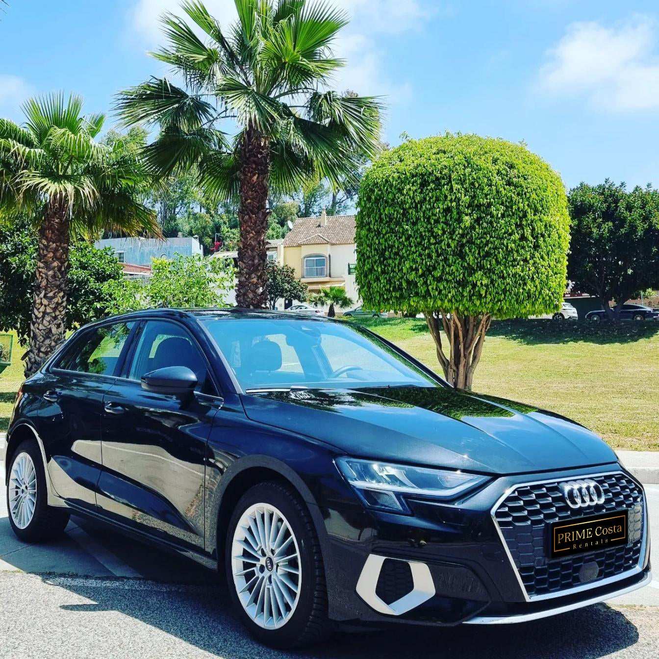 Black Audi A3 30 TFSI hatchback for rent in Marbella – automatic, 5-seater small car.