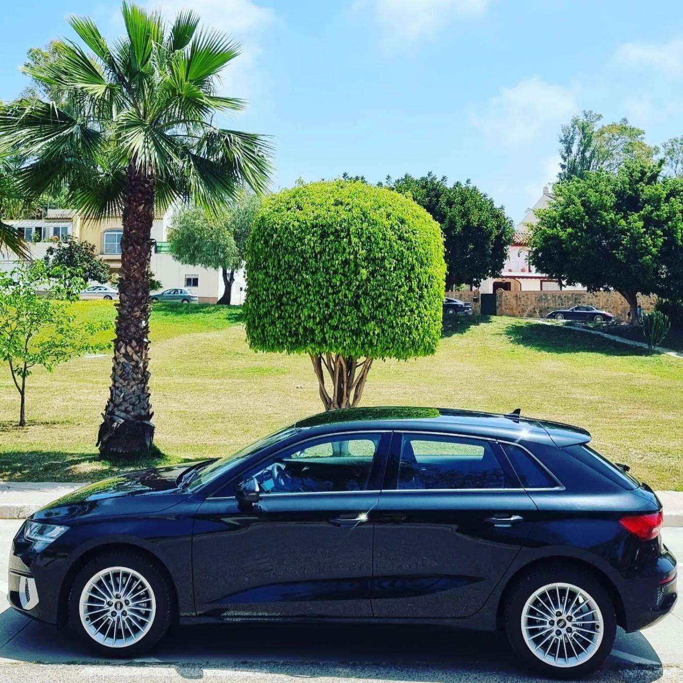Black Audi A3 30 TFSI hatchback for rent in Marbella – automatic, 5-seater small car.