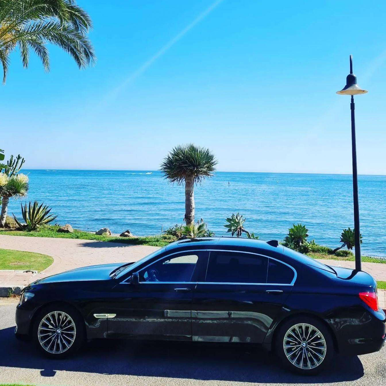 Black BMW 740Li limousine sedan for rent in Marbella – 3.0L automatic luxury car with seating for 5.