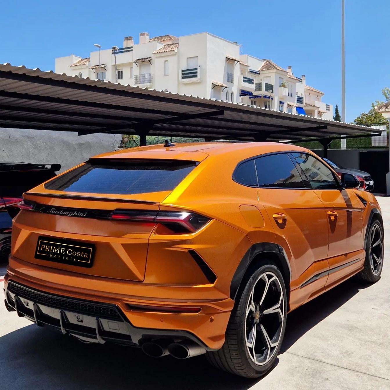 Orange Lamborghini Urus SUV for rent in Marbella – 641 HP, 4.0L V8, 4WD, automatic, 5 seats.