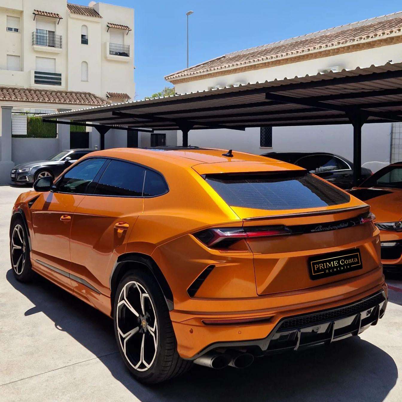 Orange Lamborghini Urus SUV for rent in Marbella – 641 HP, 4.0L V8, 4WD, automatic, 5 seats.