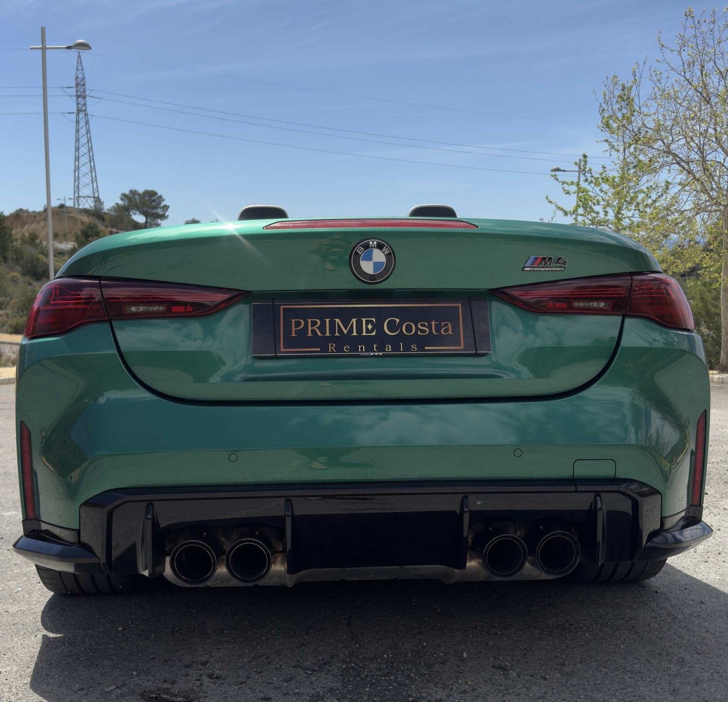 BMW M4 Competition Cabrio sports convertible for rent in Alicante – 510 HP, 3.7s 0–100 km/h, xDrive AWD, open-top driving.