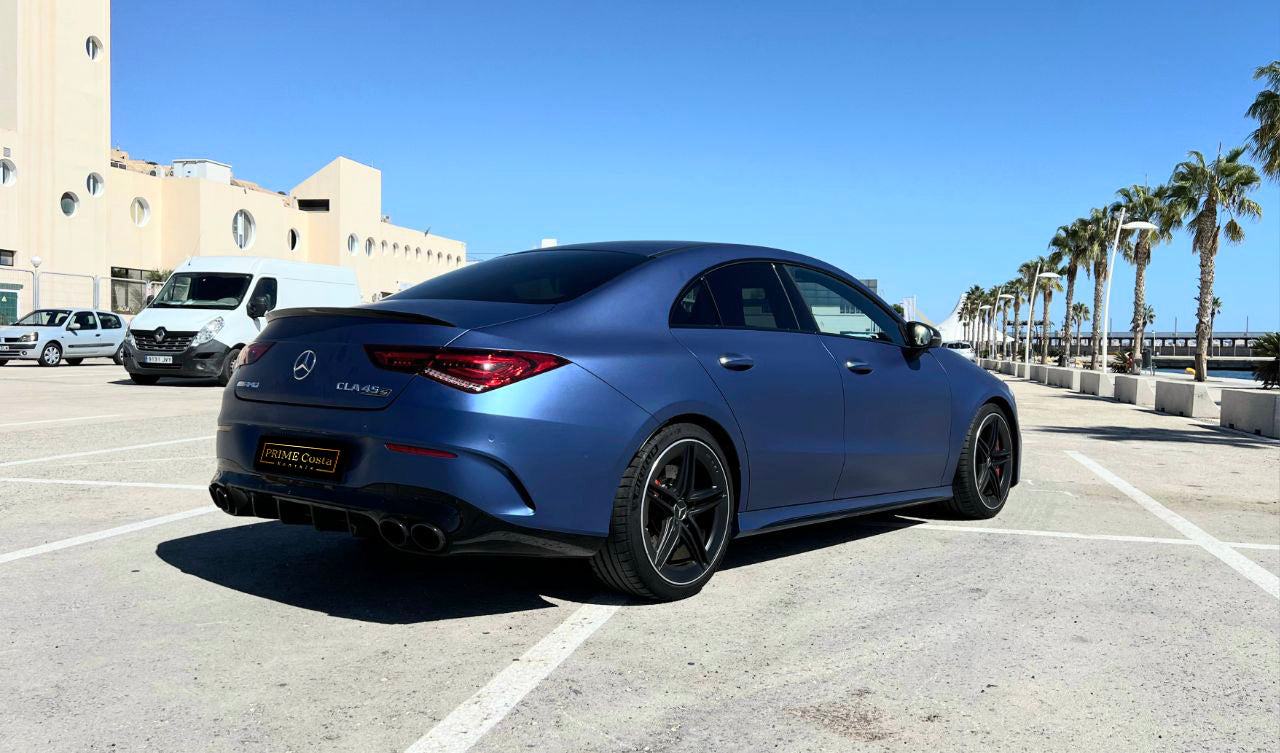 Mercedes-Benz CLA 45 AMG sports sedan for rent in Alicante β 381 HP turbocharged, luxury design, AWD.