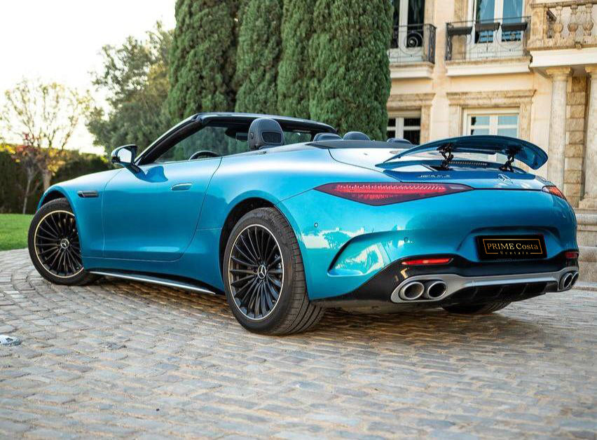 Mercedes-Benz SL43 AMG convertible for rent in Alicante β 2.0L turbo luxury sports car, premium interior.
