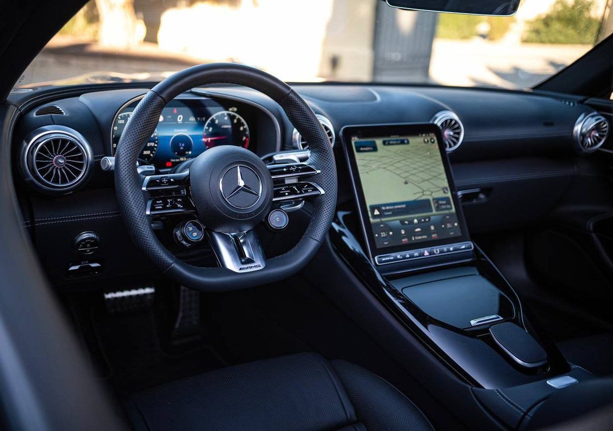 Mercedes-Benz SL43 AMG convertible for rent in Alicante β 2.0L turbo luxury sports car, premium interior.