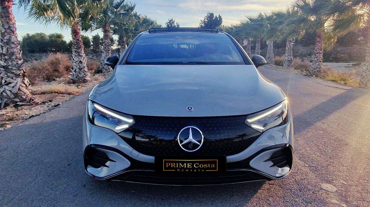 Mercedes-Benz EQE 500 4MATIC electric luxury sedan for rent in Alicante β AWD, up to 600 km range, premium interior.