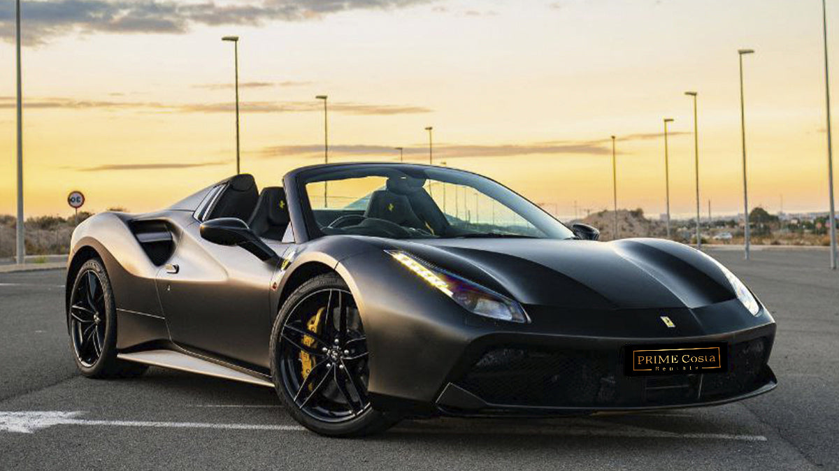 Red Ferrari 488 Spider convertible for rent in Marbella β 670 HP, twin-turbo V8, automatic, 2 seats.