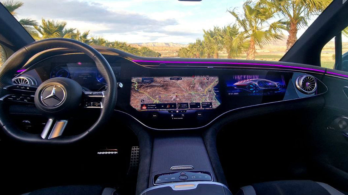 Mercedes-Benz EQE 500 4MATIC electric luxury sedan for rent in Alicante β AWD, up to 600 km range, premium interior.