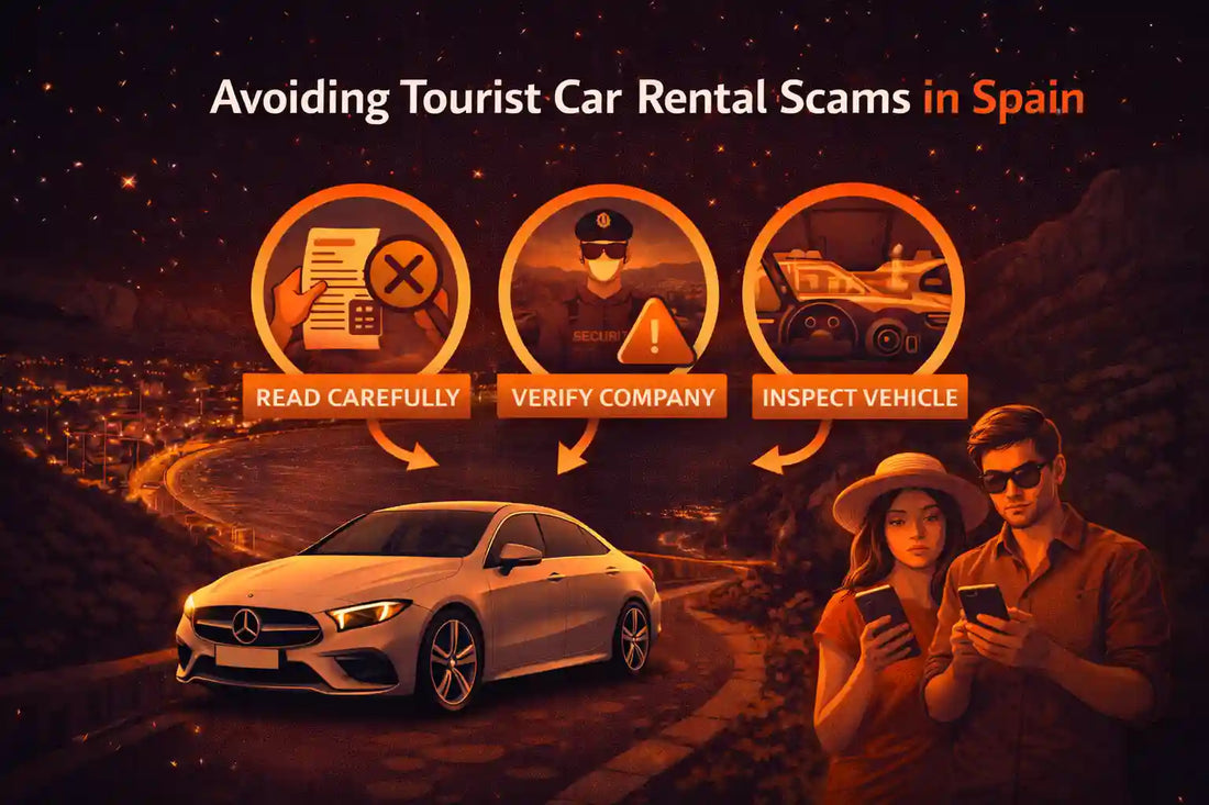 Illustration showing tourists facing a car rental scam in Spain, with rental cars, warning symbols, and a hidden scam figure, representing common car rental scams tourists should avoid.