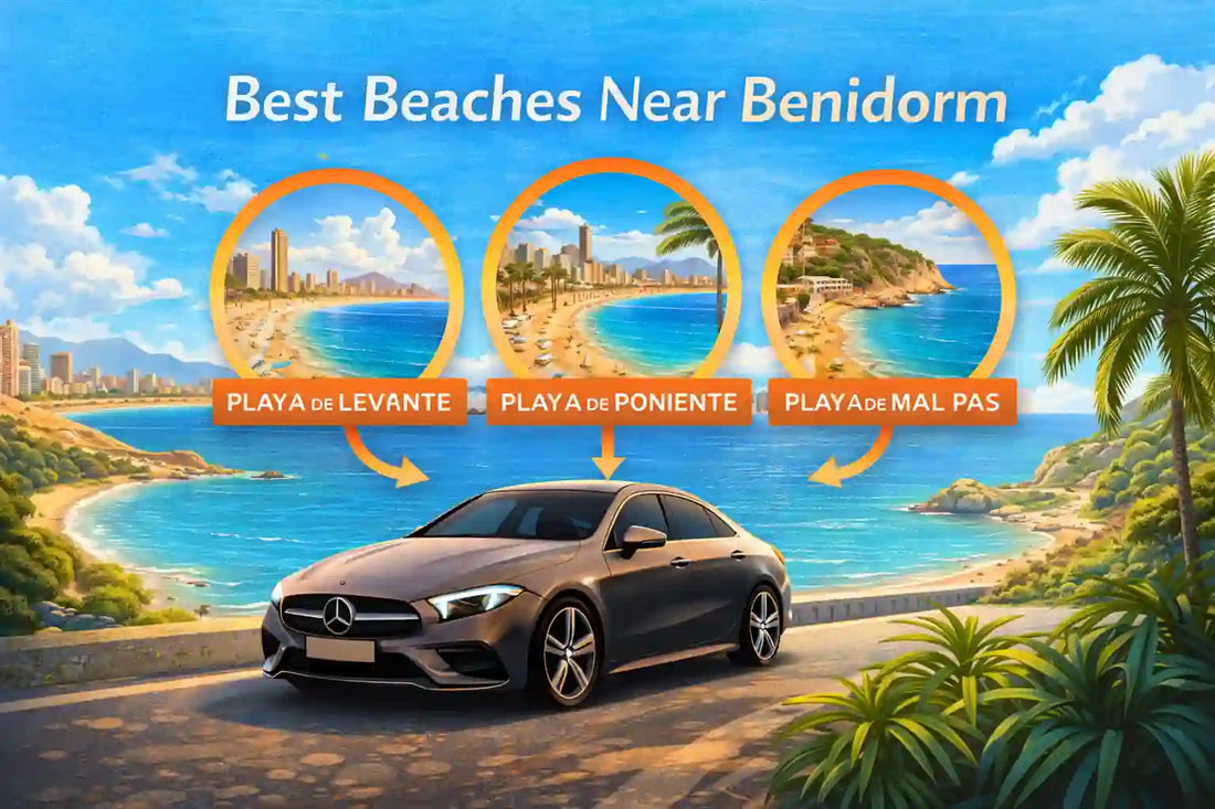 Bright illustration of the best beaches near Benidorm, featuring Playa de Levante, Playa de Poniente, and Playa de Mal Pas with turquoise sea, sandy beaches, and a premium car overlooking the coast.