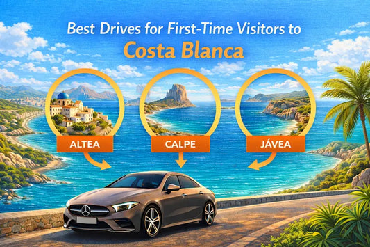 Bright illustration of scenic coastal drives in Costa Blanca for first-time visitors, highlighting Altea, Calpe, and Jávea with sea views and a premium car on a coastal road.