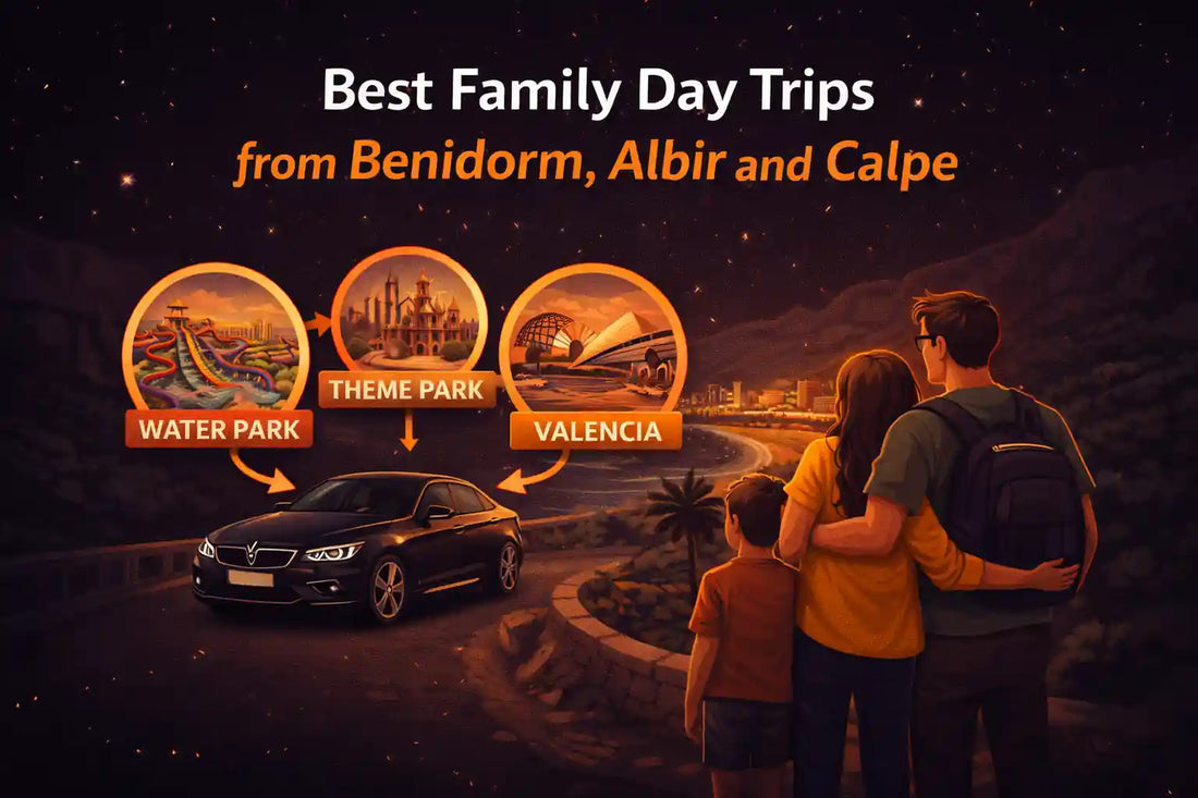 Illustration of a family taking day trips from Benidorm, Albir, and Calpe, with a rental car and popular family attractions along the Costa Blanca.