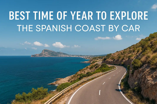 Winding coastal road along Spain’s Mediterranean coast under sunny skies, with cliffs and blue sea — ideal scene for seasonal road trips.