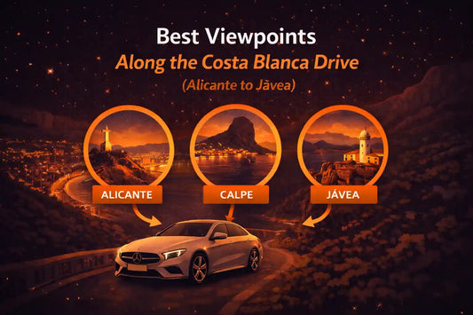 Illustration of scenic viewpoints along the Costa Blanca coastal drive from Alicante to Jávea, showing winding coastal roads, sea cliffs, and panoramic sea views.