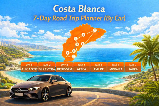 Bright illustration of a 7-day Costa Blanca road trip planner map, showing stops in Alicante, Villajoyosa, Benidorm, Altea, Calpe, Moraira, and Jávea with a premium car by the coast.