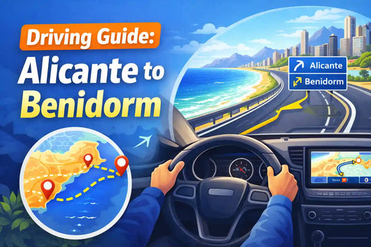 Illustration of a scenic coastal drive from Alicante to Benidorm, showing the driving route, road signs, and navigation map in Costa Blanca, Spain.