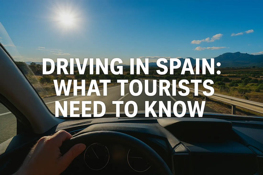 Driver's view of a Spanish highway at sunset, with hand on the steering wheel and mountain landscape in the background — perfect road trip vibes.