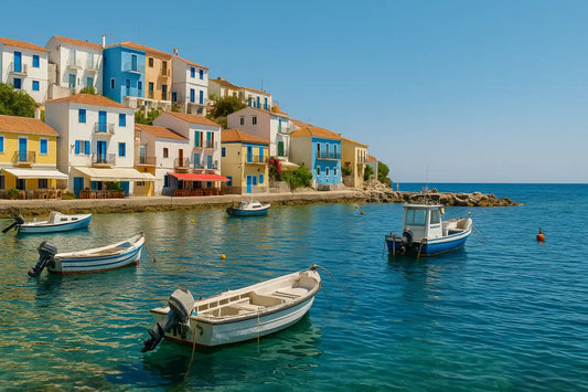 Small colorful fishing village by the sea in Spain with boats and blue water