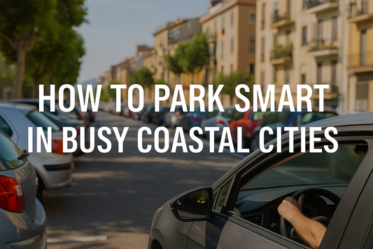 Coastal street in Spain with parked cars, palm trees, and pastel buildings — a typical scene when finding parking in busy Mediterranean beach towns.