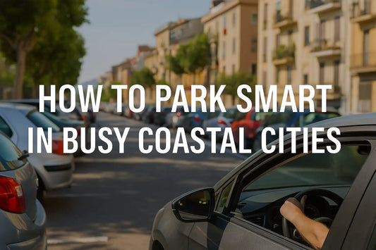 Coastal street in Spain with parked cars, palm trees, and pastel buildings — a typical scene when finding parking in busy Mediterranean beach towns.