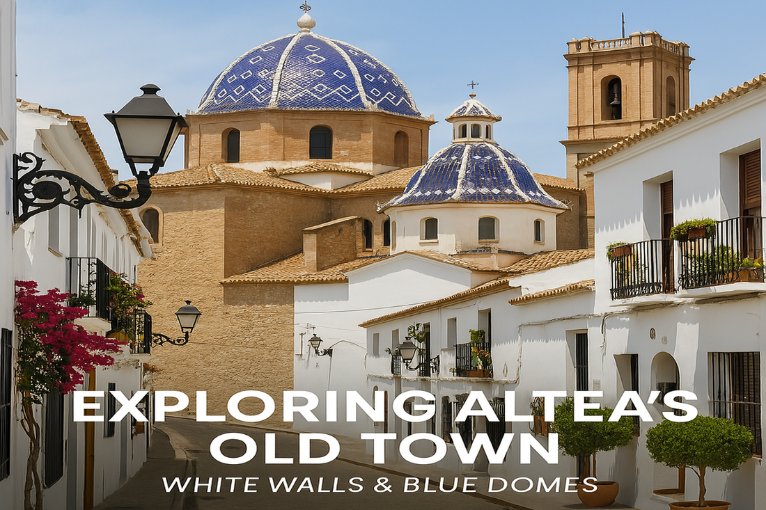 Altea’s Old Town with white buildings and the iconic blue-domed church under a sunny sky, showcasing Spanish Mediterranean charm on the Costa Blanca.