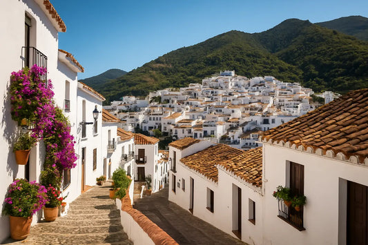 Whitewashed village in the hills of Costa del Sol, Spain, with terracotta rooftops and flower-covered balconies — a hidden gem worth a scenic road trip.