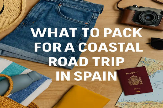 Flat lay of coastal road trip packing essentials including sunglasses, map, sunhat, camera, and travel bag — styled for a Spanish summer journey.