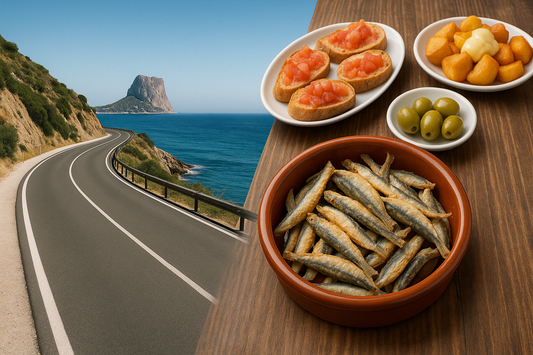 Coastal road from Marbella to Fuengirola with scenic ocean view and Spanish tapas on a table