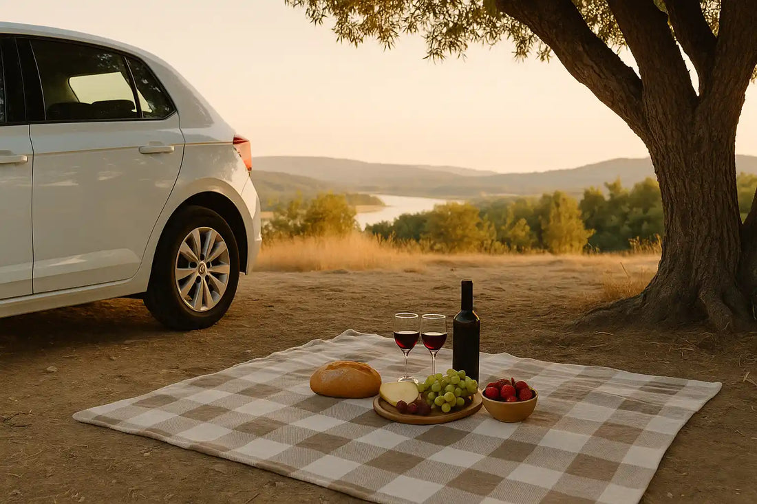 Car parked at scenic picnic spot in Spain with blanket and food laid out under tree