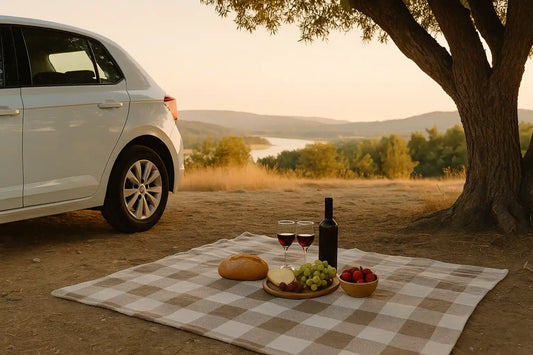 Car parked at scenic picnic spot in Spain with blanket and food laid out under tree