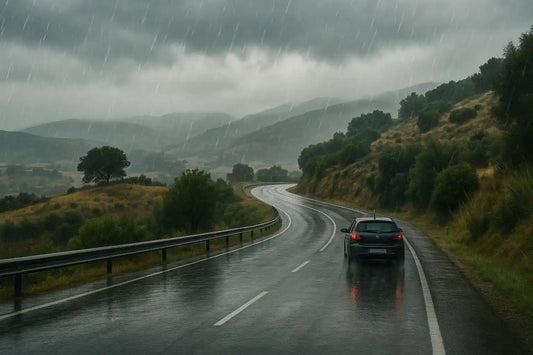 Rainy Spanish road curving through hills with a car and cloudy sky