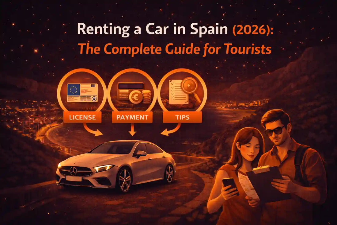 Illustration of tourists renting a car in Spain with a rental vehicle, car keys, airport terminal, and Spanish flag, representing a complete 2026 guide to car rental in Spain