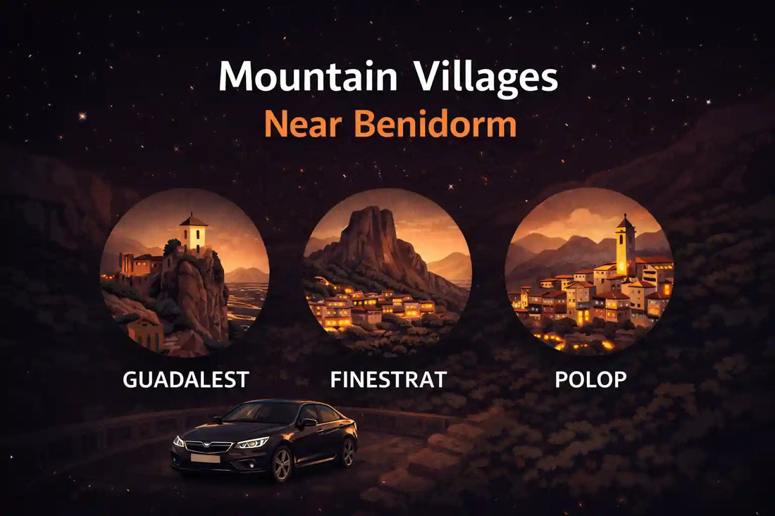 Minimalist illustration of scenic mountain villages near Benidorm, featuring Guadalest, Finestrat, and Polop at dusk with warm lights, dark background, and a premium BMW on a mountain road.