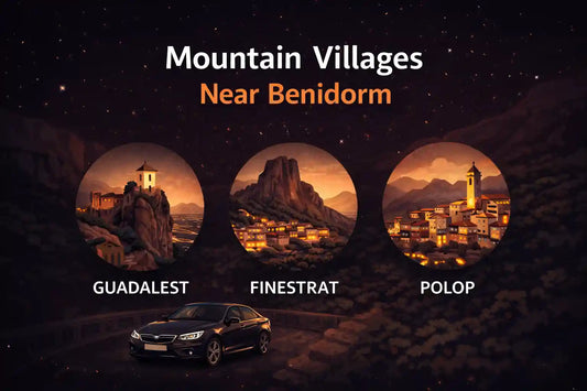 Minimalist illustration of scenic mountain villages near Benidorm, featuring Guadalest, Finestrat, and Polop at dusk with warm lights, dark background, and a premium BMW on a mountain road.