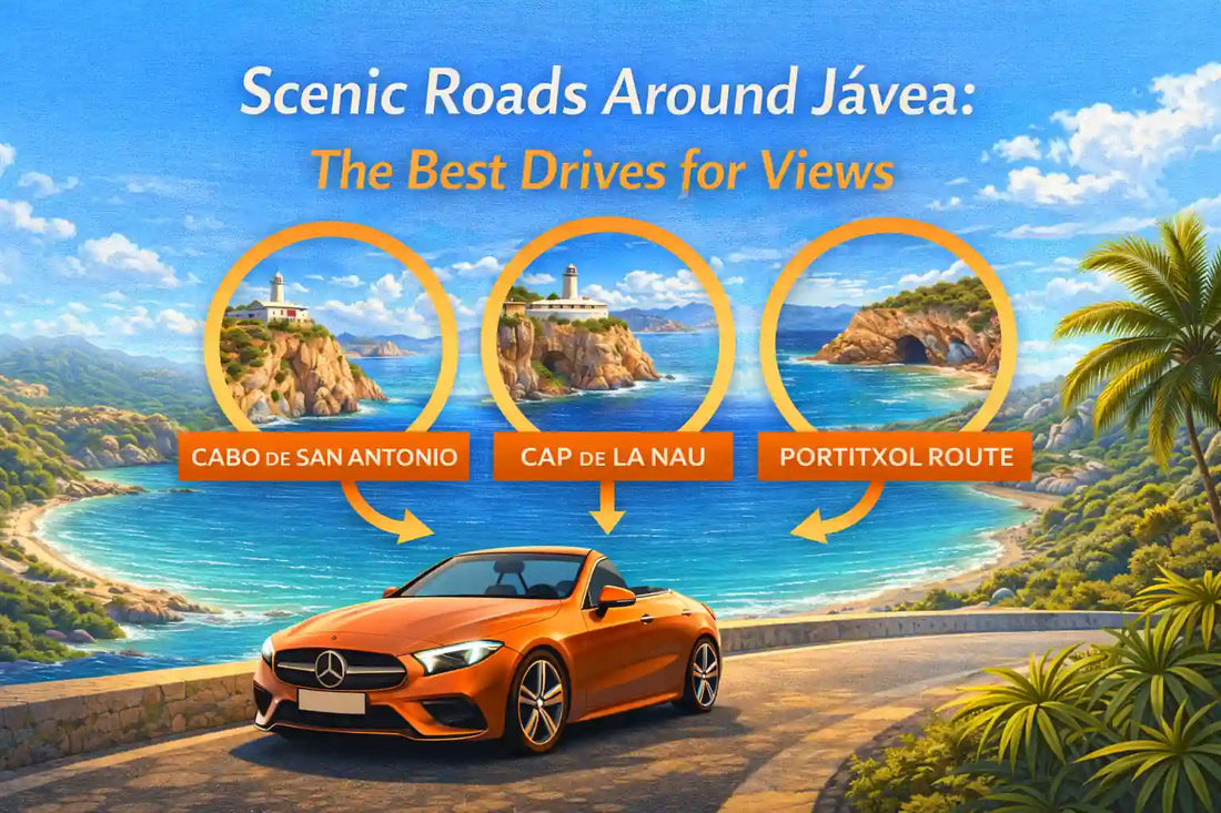 Bright illustration of scenic coastal roads around Jávea, showing Cabo de San Antonio, Cap de la Nau, and the Portitxol route with sea views and a premium convertible driving along the coast.
