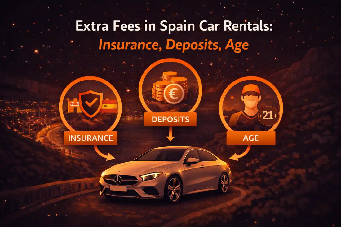 Illustration showing extra fees in Spain car rentals, including insurance costs, security deposits, and age-related charges, with a rental car and euro symbols.