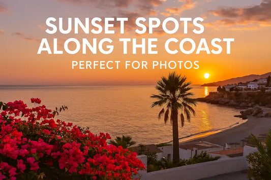 Scenic sunset along the Spanish coast with palm trees, bougainvillea, and a golden sky reflecting on the calm Mediterranean Sea — perfect for photography.