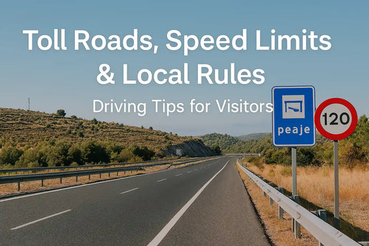 Spanish highway with toll and speed limit signs, surrounded by hills and trees under a clear blue sky — representing road conditions and travel rules in Spain.