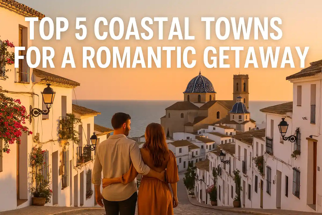 Couple enjoying sunset on a Spanish coastal balcony overlooking the sea, surrounded by Mediterranean rooftops and romantic golden light.