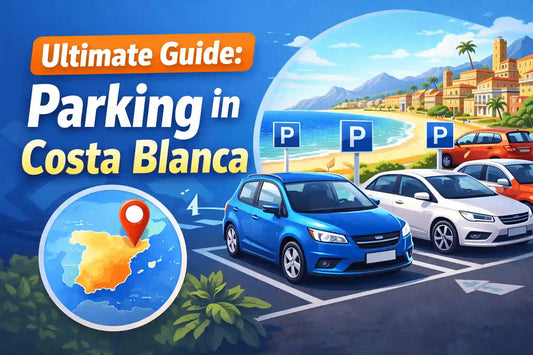 Illustration of parked cars near the coast in Costa Blanca with parking signs and a map pin, representing a complete guide to parking in Costa Blanca, Spain.
