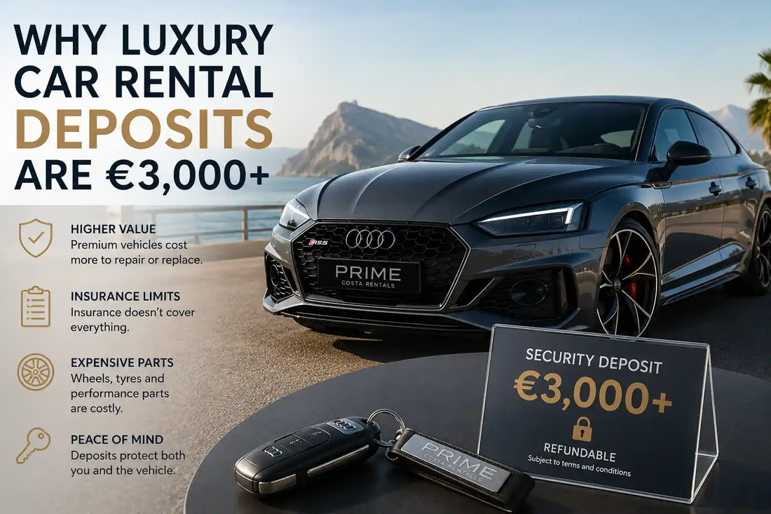 Luxury Audi RS5 rental in Costa Blanca explaining why premium car rental security deposits are higher than standard vehicle rentals.
