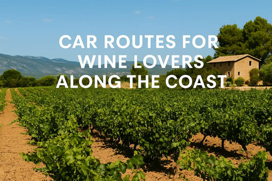 Spanish coastal road passing vineyards with wine glasses on car hood