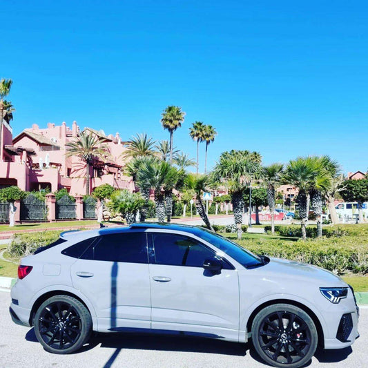 Nardo Grey Audi RSQ3 Sportback SUV for rent in Marbella – 2.5L, automatic 4WD, 5-seater.
