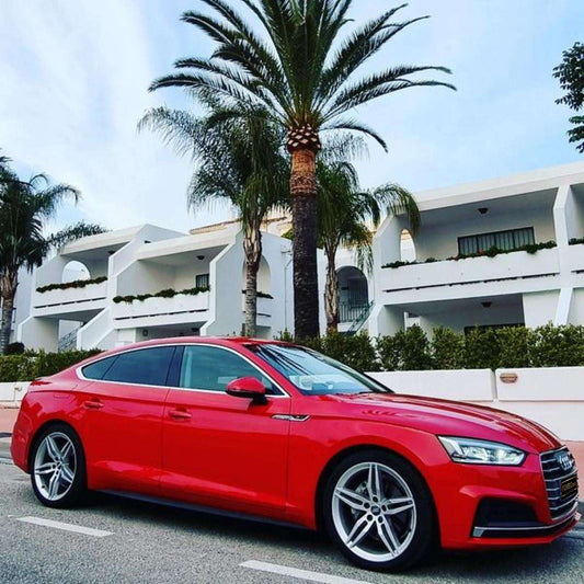 Red Audi A5 TDI S-Line for rent in Marbella – 2.0L diesel, automatic, stylish 5-seat limousine.