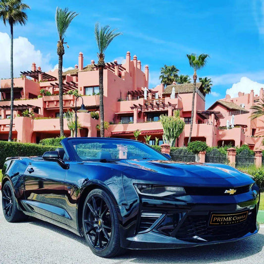 Black Chevrolet Camaro SS Cabrio for rent in Marbella – 6.2L V8 automatic convertible with 4 seats.
