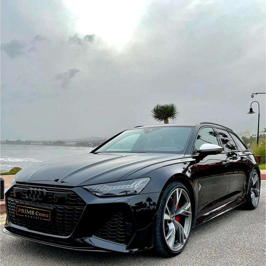 Black Audi RS6 Avant for rent in Marbella – 602 HP, 4.0L V8, automatic 4WD, high-performance 5-seater wagon.