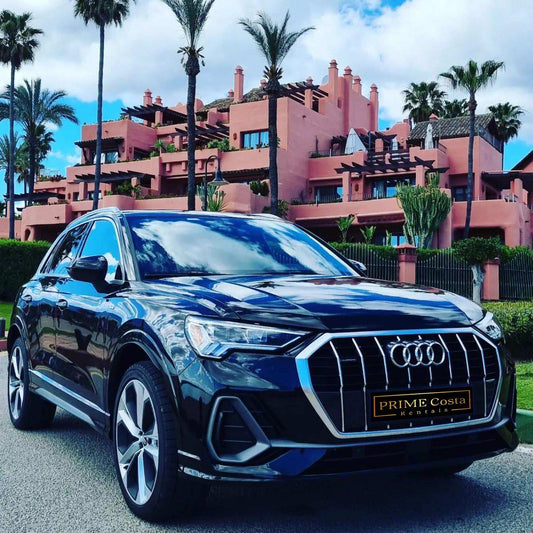 Black Audi Q3 S-Line SUV for rent in Marbella – 2.0L automatic 4WD, 5-seater.