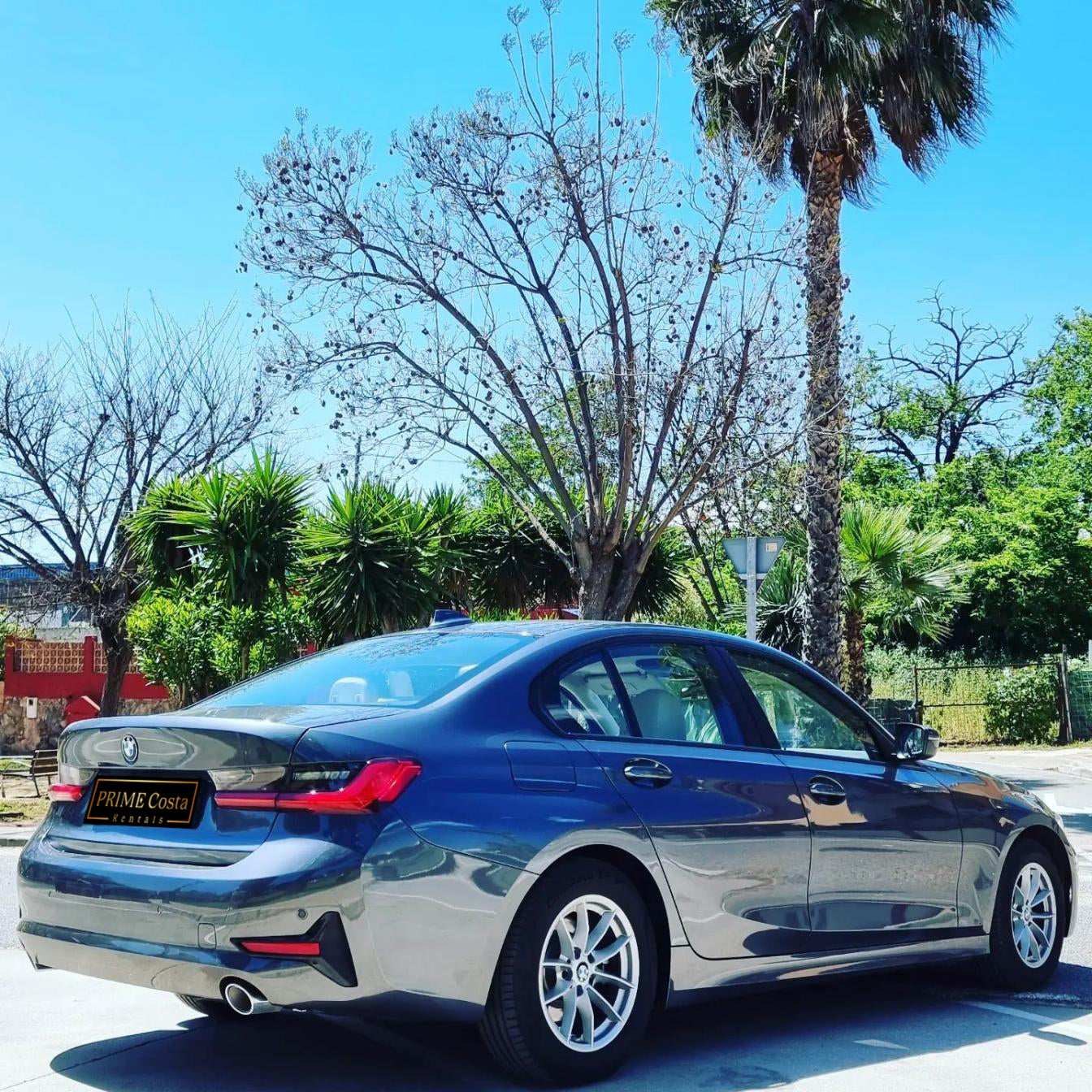 Silver BMW 320d sedan for rent in Marbella – automatic diesel with 190 HP and sleek modern design.