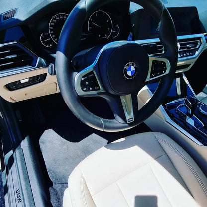 Silver BMW 320d sedan for rent in Marbella – automatic diesel with 190 HP and sleek modern design.
