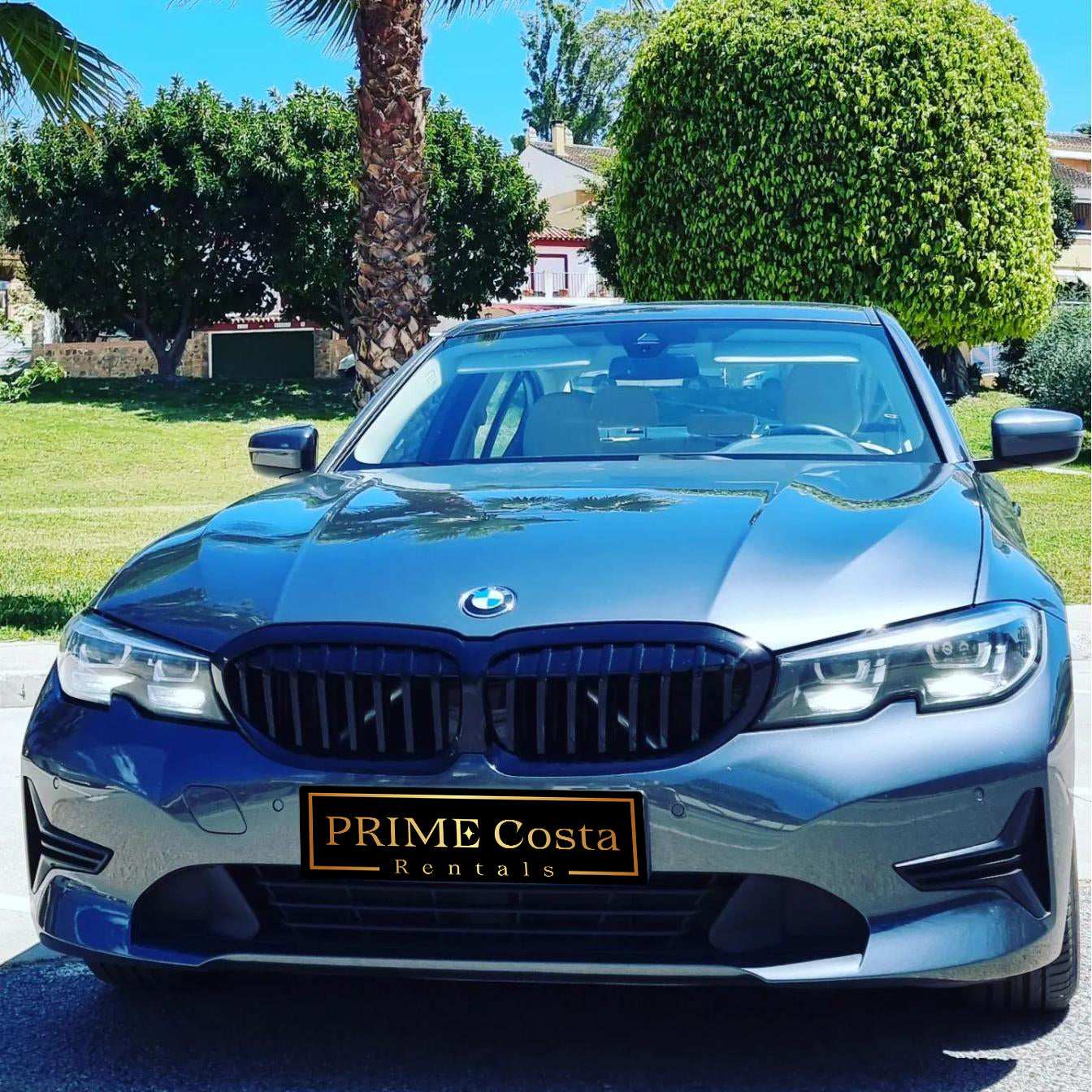 Silver BMW 320d sedan for rent in Marbella – automatic diesel with 190 HP and sleek modern design.